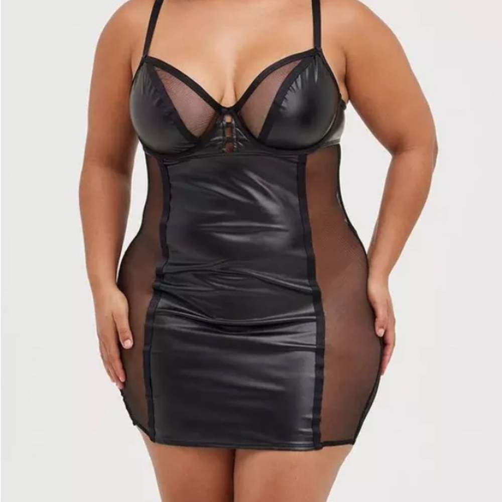 Torrid Black Pleather and Mesh Chemise Dress